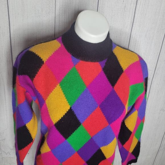 Vtg Rafaella Petites Argyle Color block Angora Lambs Wool Sweater Womens Small - Picture 2 of 7
